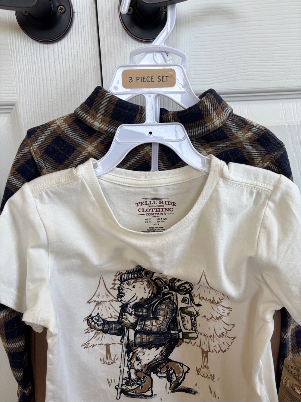 Telluride Kids Cream Graphic Tee with Navy & Brown Plaid Layer